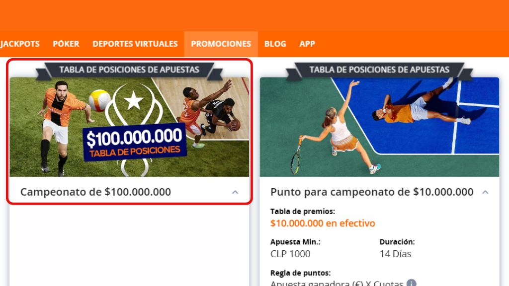 Torneo apuestas sportsbook 100 millones CLP Betsson Chile